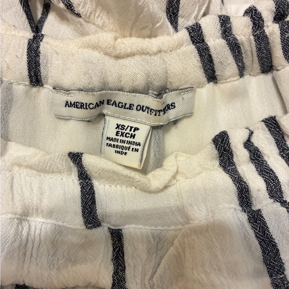 American Eagle Striped Ruffle Off-Shoulder Romper in Navy and White - Picture 3 of 3